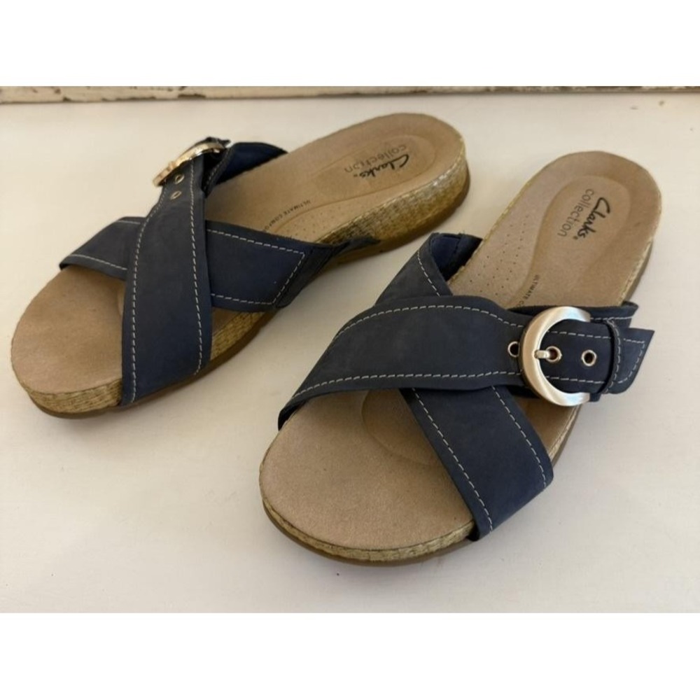 Clarks Collection Sandals Womens Blue Slip On Buckle Wedge Comfort Shoes Size 10 - Picture 2 of 5